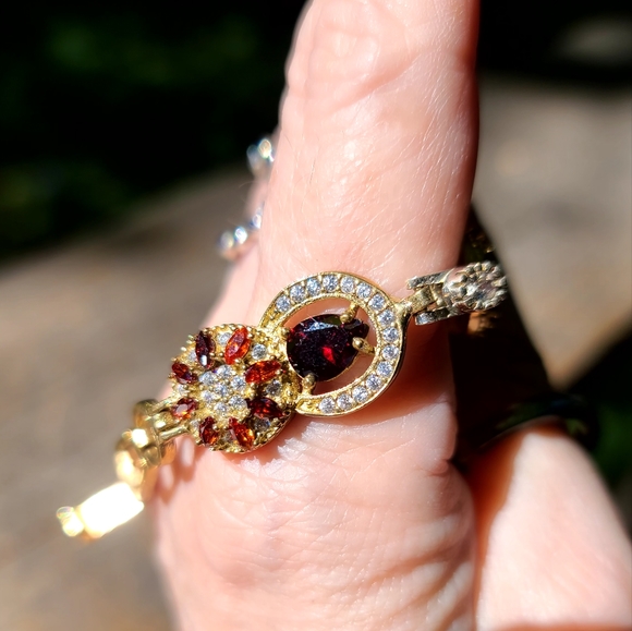 STUNNING ruby, garnet & white Topaz sterling & gold bracelet - Picture 6 of 9